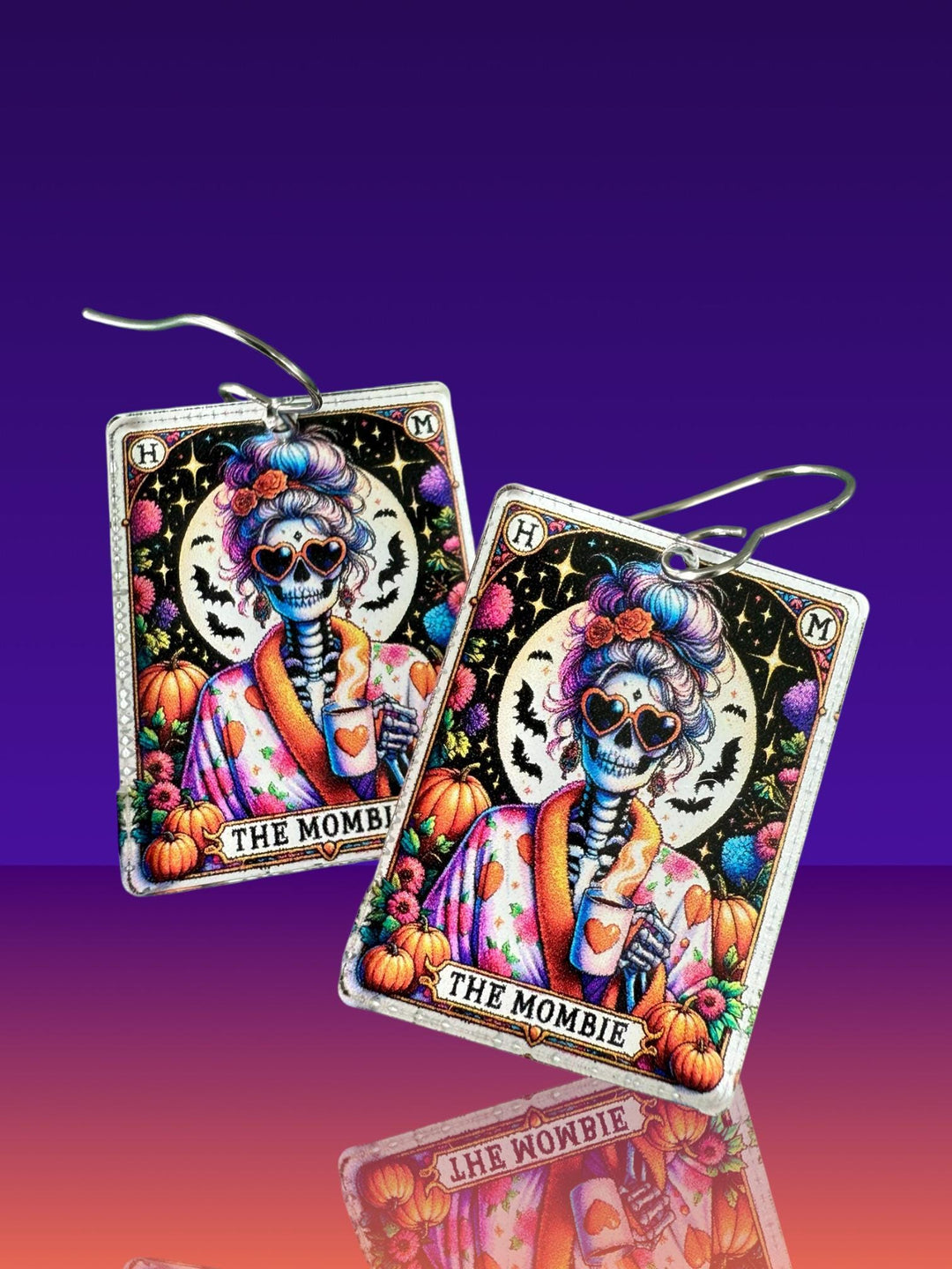 Mombie Quirky Halloween Tarot Card Earrings, Lightweight Acrylic Skeleton Earrings, Halloween Pumpkin Coffee Earrings, Spooky Mom Gift