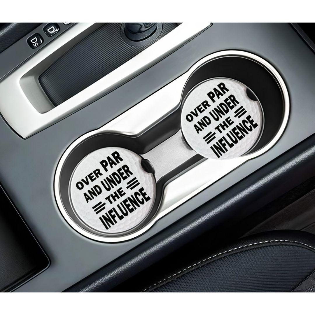 Over Par And Under The Influence Car Coaster Set of 2, Funny Golf Gift for Men, Golf Ball Ceramic Cup Holder Coasters with Cork Backing