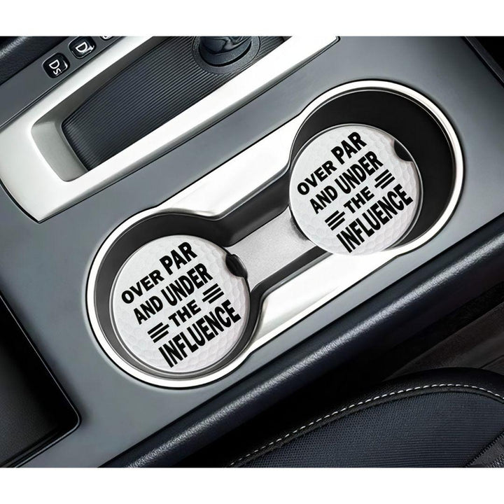 Over Par And Under The Influence Car Coaster Set of 2, Funny Golf Gift for Men, Golf Ball Ceramic Cup Holder Coasters with Cork Backing