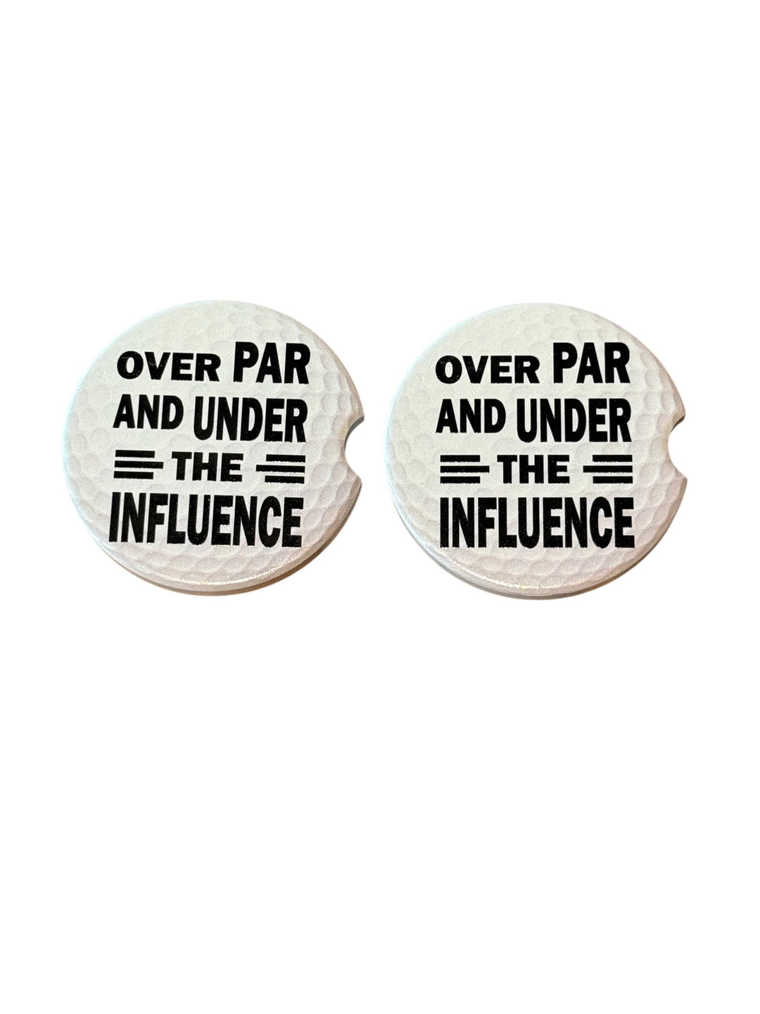Over Par And Under The Influence Car Coaster Set of 2, Funny Golf Gift for Men, Golf Ball Ceramic Cup Holder Coasters with Cork Backing