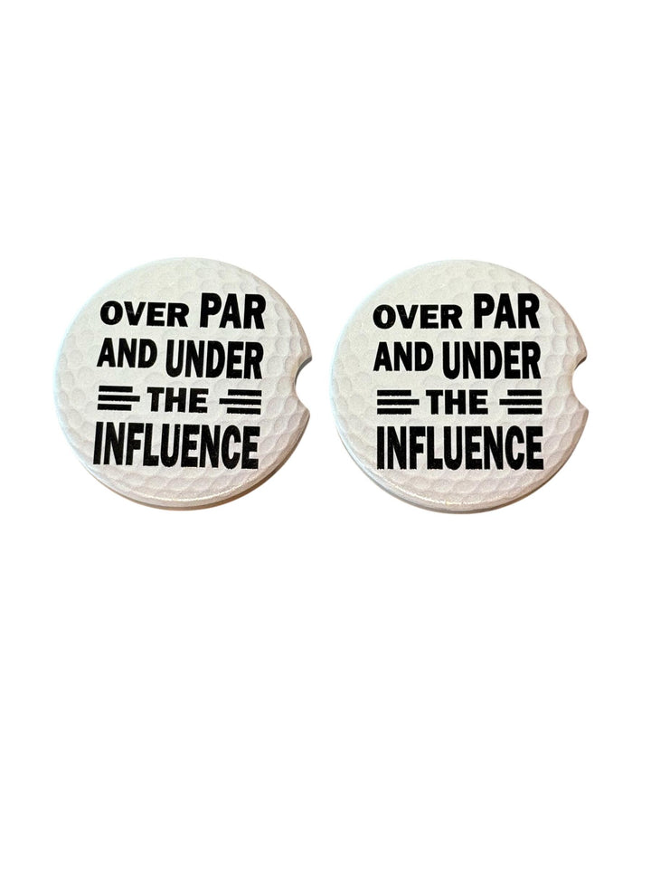 Over Par And Under The Influence Car Coaster Set of 2, Funny Golf Gift for Men, Golf Ball Ceramic Cup Holder Coasters with Cork Backing