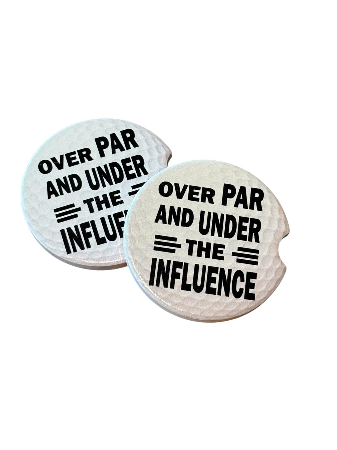 Over Par And Under The Influence Car Coaster Set of 2, Funny Golf Gift for Men, Golf Ball Ceramic Cup Holder Coasters with Cork Backing