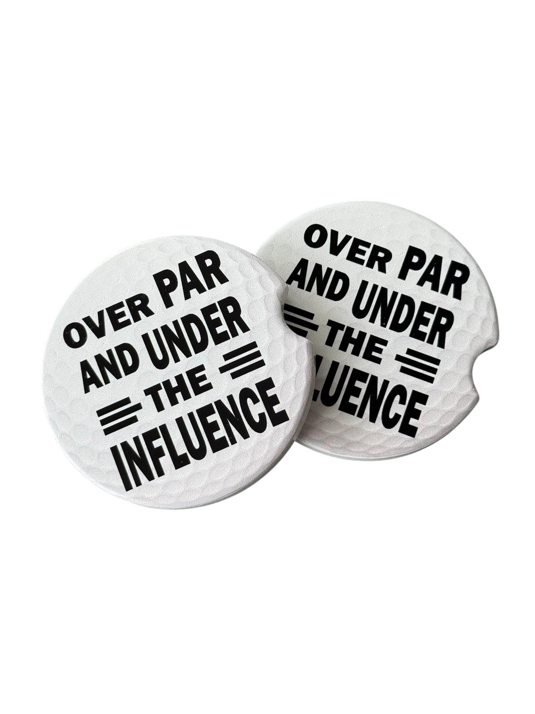 Over Par And Under The Influence Car Coaster Set of 2, Funny Golf Gift for Men, Golf Ball Ceramic Cup Holder Coasters with Cork Backing