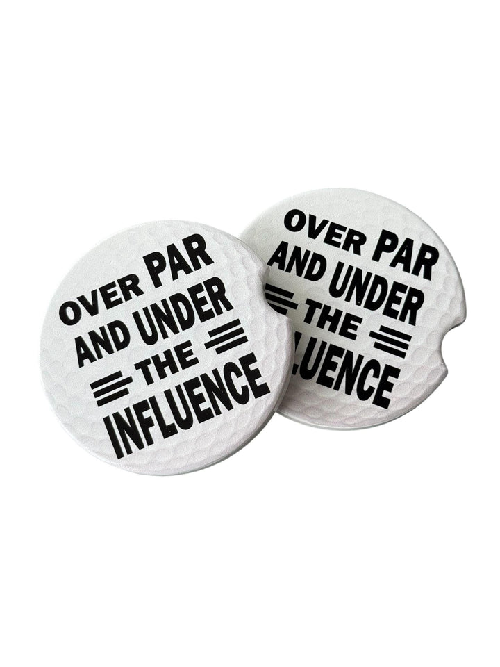 Over Par And Under The Influence Car Coaster Set of 2, Funny Golf Gift for Men, Golf Ball Ceramic Cup Holder Coasters with Cork Backing