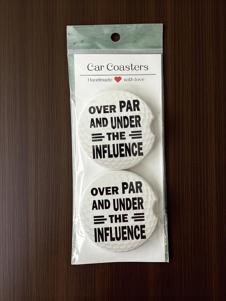 Over Par And Under The Influence Car Coaster Set of 2, Funny Golf Gift for Men, Golf Ball Ceramic Cup Holder Coasters with Cork Backing