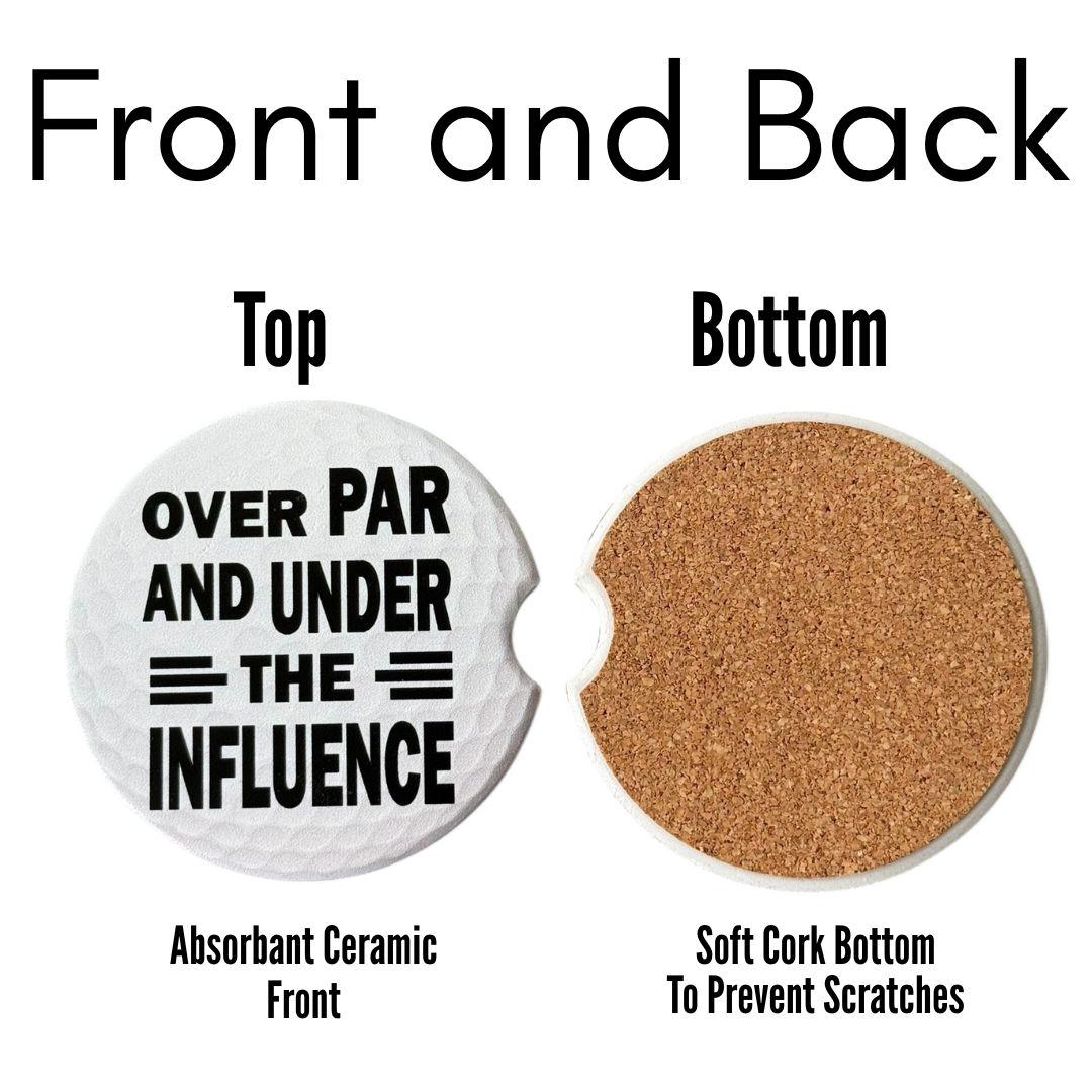 Over Par And Under The Influence Car Coaster Set of 2, Funny Golf Gift for Men, Golf Ball Ceramic Cup Holder Coasters with Cork Backing
