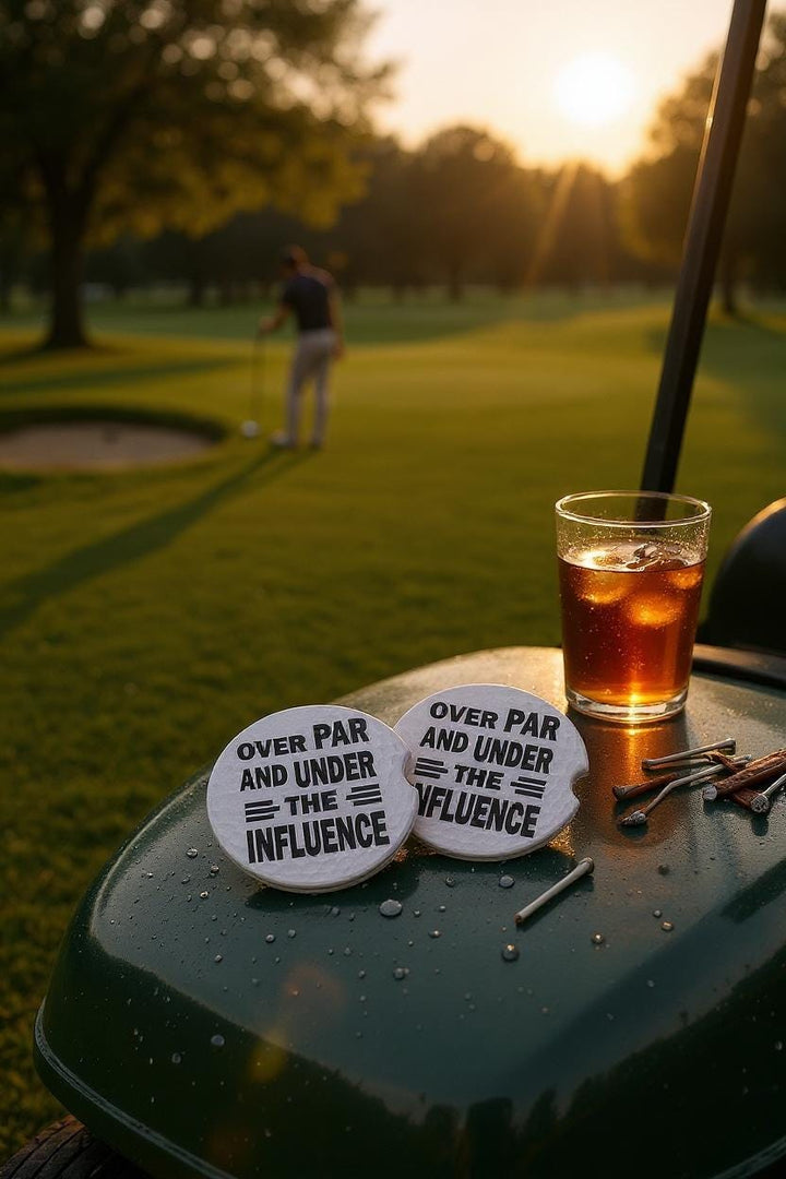 Over Par And Under The Influence Car Coaster Set of 2, Funny Golf Gift for Men, Golf Ball Ceramic Cup Holder Coasters with Cork Backing
