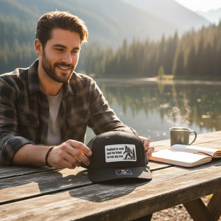 Bigfoot Is Real Hat, Funny Sasquatch Trucker Hat, Richardson 112 Snapback, Hiking Camping Gift