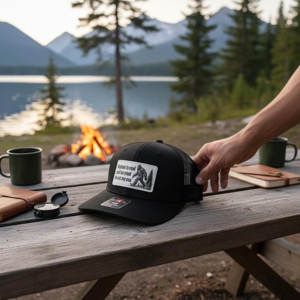 Bigfoot Is Real Hat, Funny Sasquatch Trucker Hat, Richardson 112 Snapback, Hiking Camping Gift