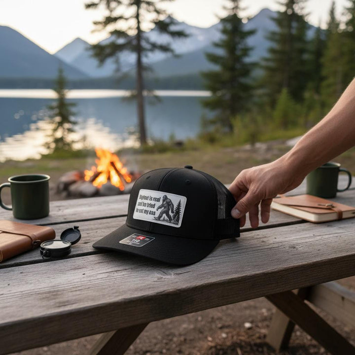 Bigfoot Is Real Hat, Funny Sasquatch Trucker Hat, Richardson 112 Snapback, Hiking Camping Gift