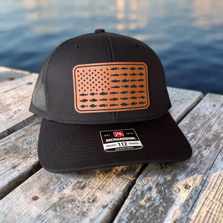 American Flag Fish Trucker Hat, Leather Patch Fishing Hat, Patriotic Bass Cap