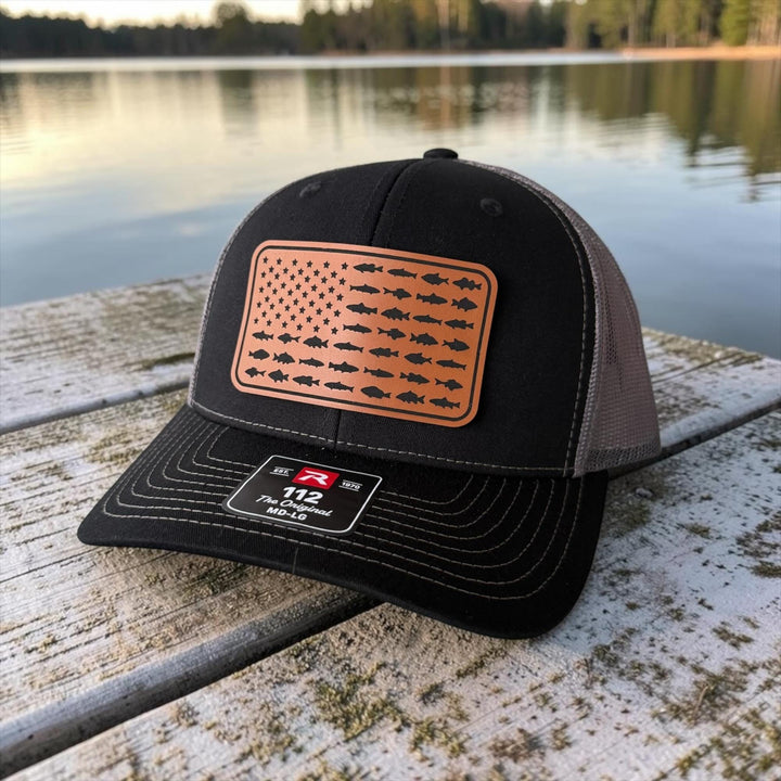 American Flag Fish Trucker Hat, Leather Patch Fishing Hat, Patriotic Bass Cap