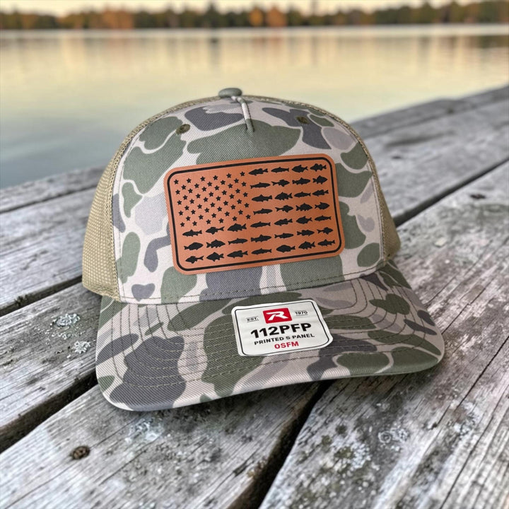 American Flag Fish Trucker Hat, Leather Patch Fishing Hat, Patriotic Bass Cap
