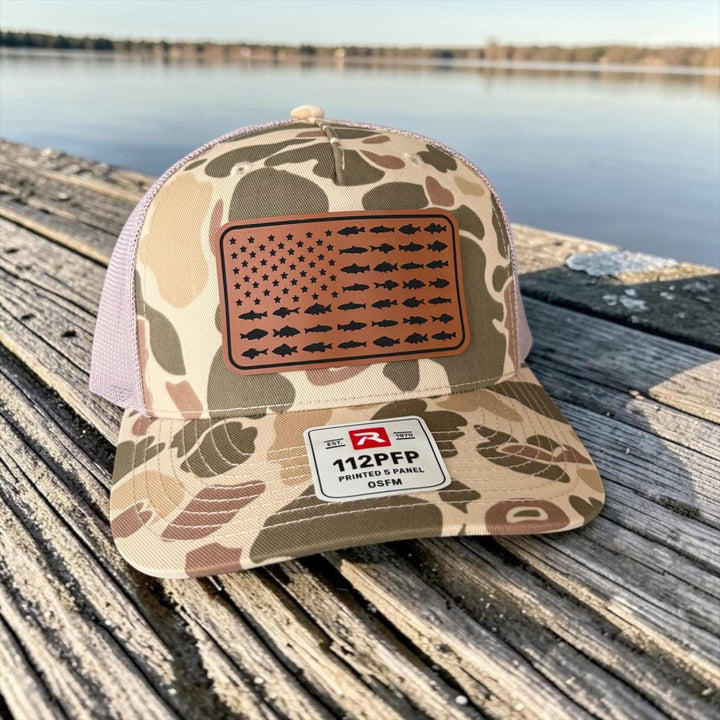 American Flag Fish Trucker Hat, Leather Patch Fishing Hat, Patriotic Bass Cap