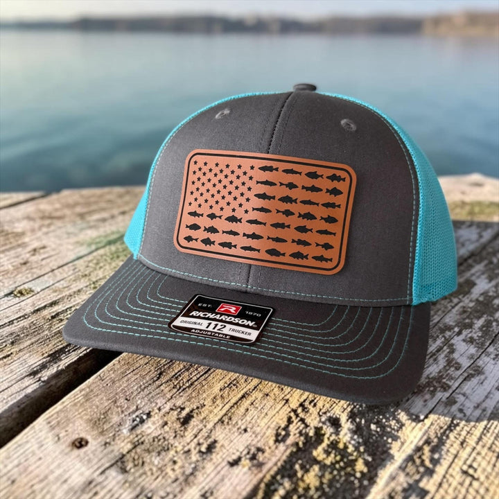 American Flag Fish Trucker Hat, Leather Patch Fishing Hat, Patriotic Bass Cap