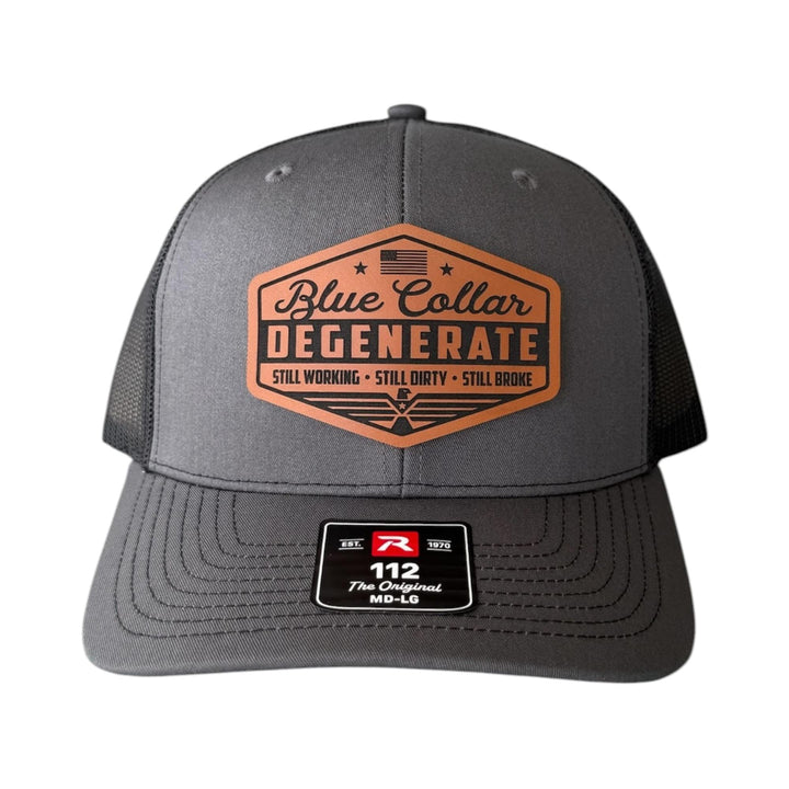 Blue Collar Degenerate Trucker Hat, Funny Snapback Cap, Still Working Still Dirty Still Broke