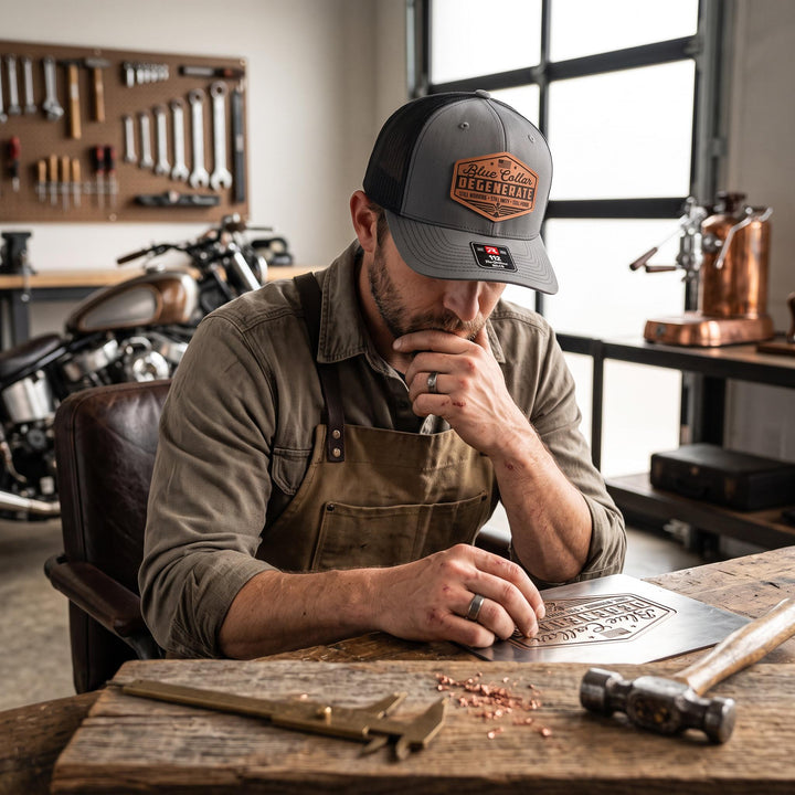 Blue Collar Degenerate Trucker Hat, Funny Snapback Cap, Still Working Still Dirty Still Broke