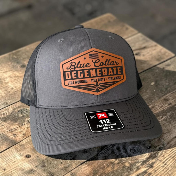 Blue Collar Degenerate Trucker Hat, Funny Snapback Cap, Still Working Still Dirty Still Broke