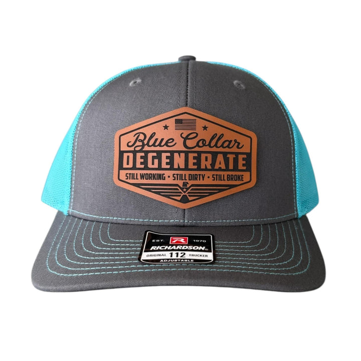 Blue Collar Degenerate Trucker Hat, Funny Snapback Cap, Still Working Still Dirty Still Broke