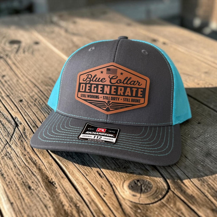 Blue Collar Degenerate Trucker Hat, Funny Snapback Cap, Still Working Still Dirty Still Broke