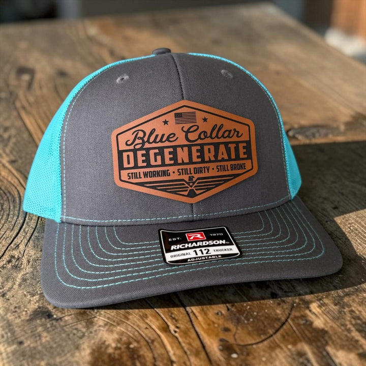 Blue Collar Degenerate Trucker Hat, Funny Snapback Cap, Still Working Still Dirty Still Broke