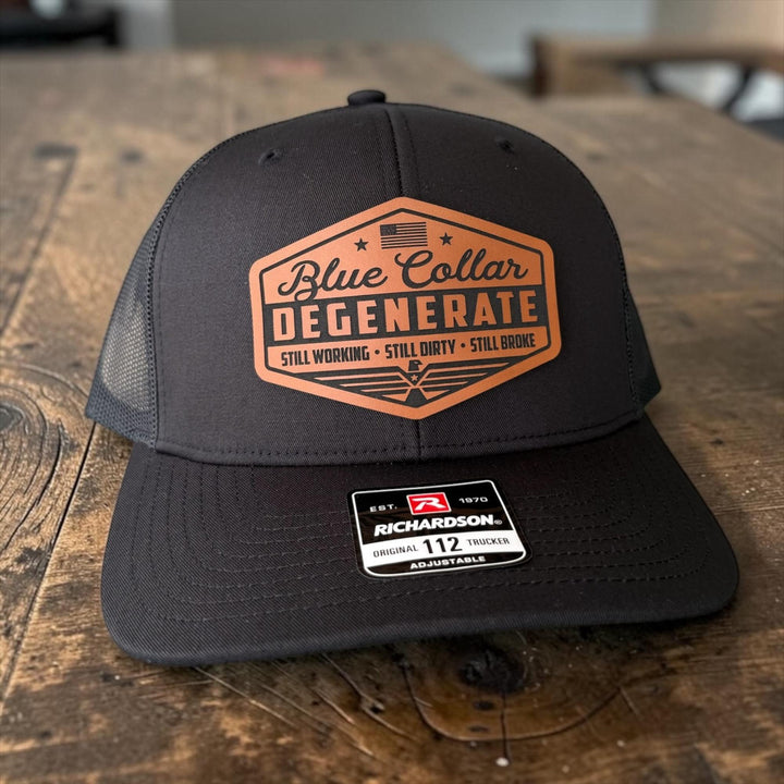 Blue Collar Degenerate Trucker Hat, Funny Snapback Cap, Still Working Still Dirty Still Broke