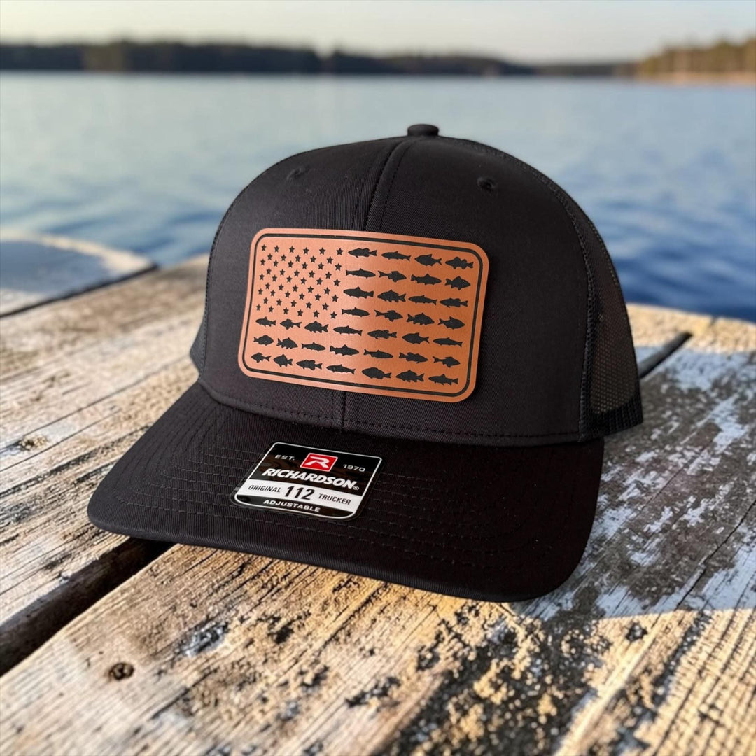 American Flag Fish Trucker Hat, Leather Patch Fishing Hat, Patriotic Bass Cap