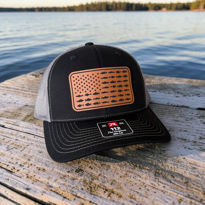 American Flag Fish Trucker Hat, Leather Patch Fishing Hat, Patriotic Bass Cap