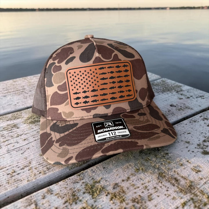 American Flag Fish Trucker Hat, Leather Patch Fishing Hat, Patriotic Bass Cap