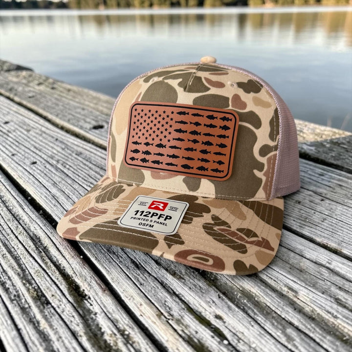 American Flag Fish Trucker Hat, Leather Patch Fishing Hat, Patriotic Bass Cap