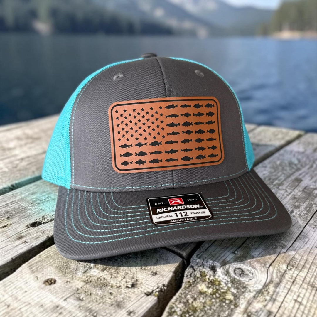 American Flag Fish Trucker Hat, Leather Patch Fishing Hat, Patriotic Bass Cap