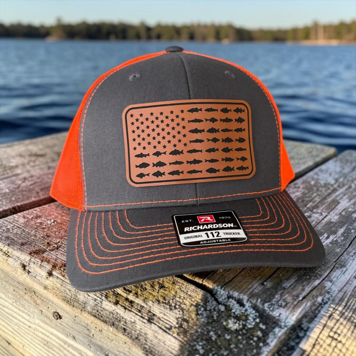 American Flag Fish Trucker Hat, Leather Patch Fishing Hat, Patriotic Bass Cap