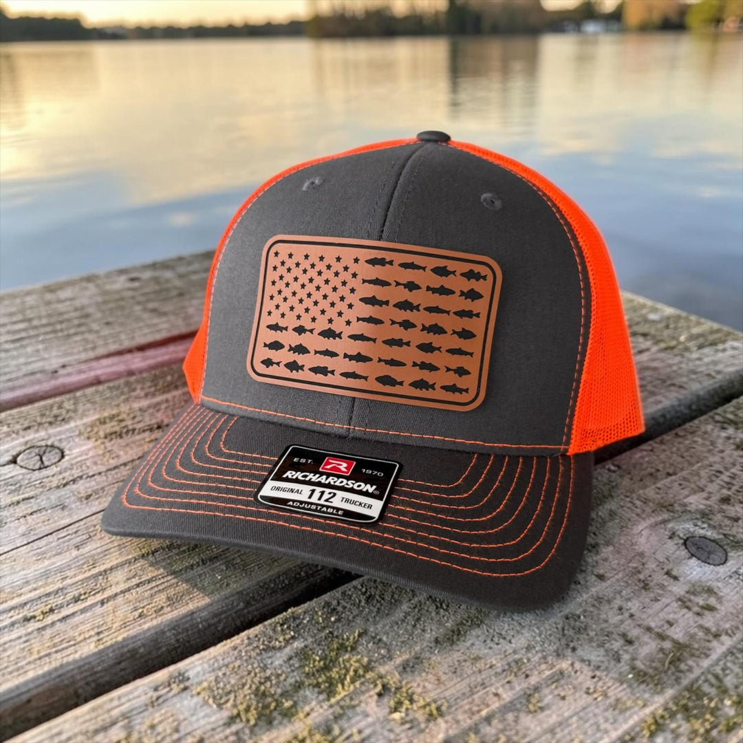 American Flag Fish Trucker Hat, Leather Patch Fishing Hat, Patriotic Bass Cap