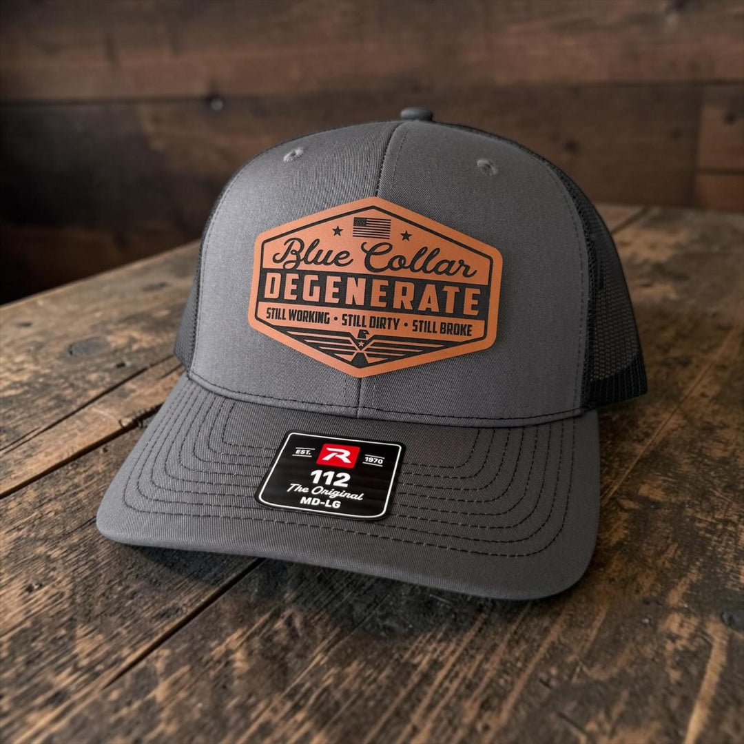 Blue Collar Degenerate Trucker Hat, Funny Snapback Cap, Still Working Still Dirty Still Broke