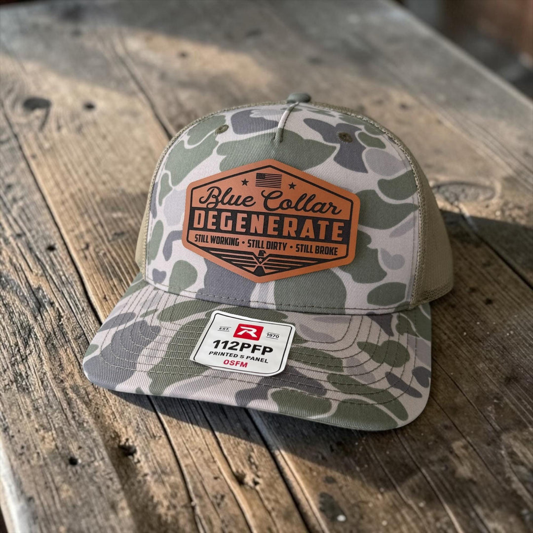 Blue Collar Degenerate Trucker Hat, Funny Snapback Cap, Still Working Still Dirty Still Broke