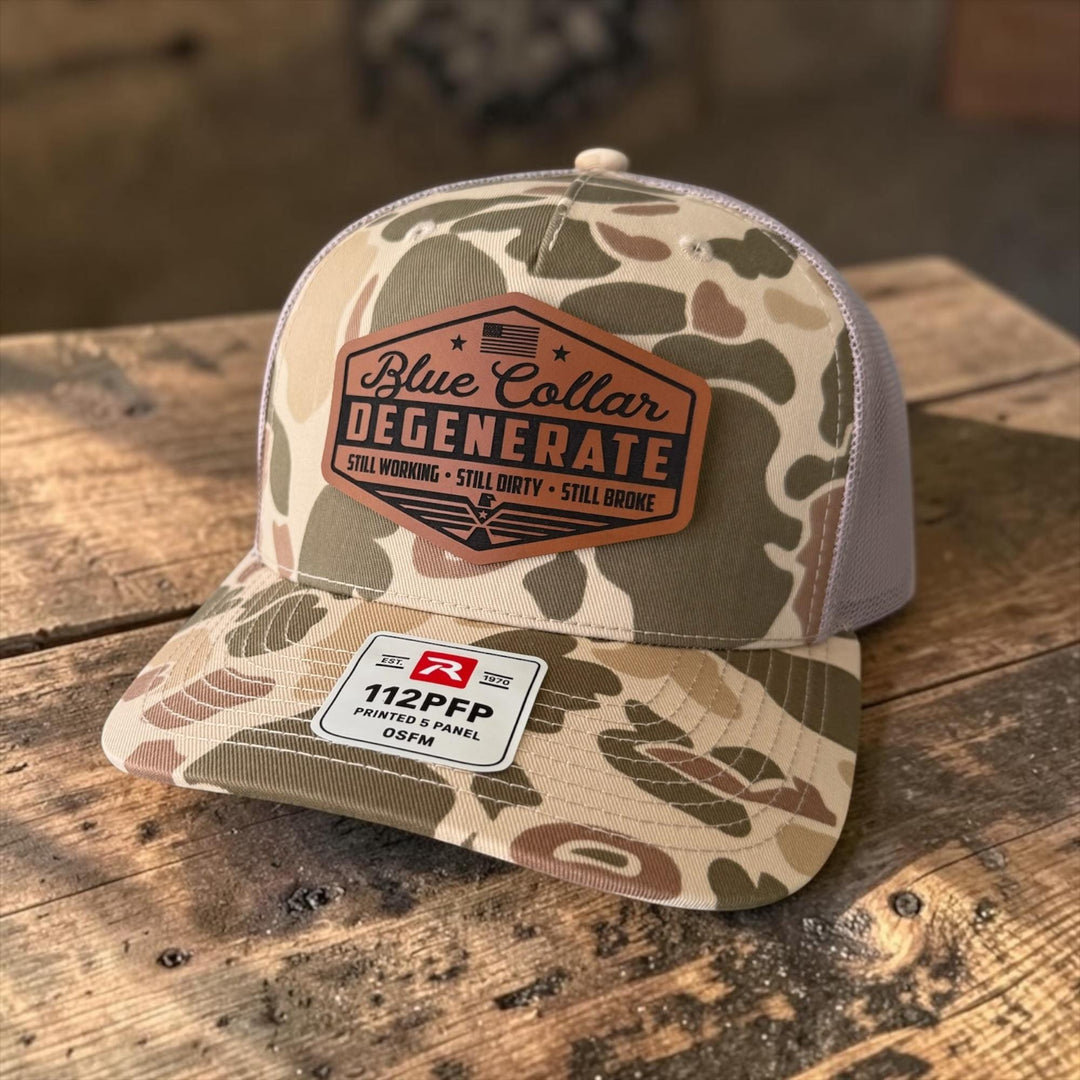 Blue Collar Degenerate Trucker Hat, Funny Snapback Cap, Still Working Still Dirty Still Broke