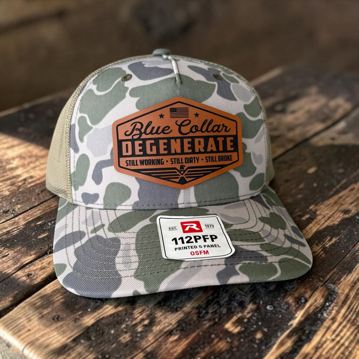 Blue Collar Degenerate Trucker Hat, Funny Snapback Cap, Still Working Still Dirty Still Broke