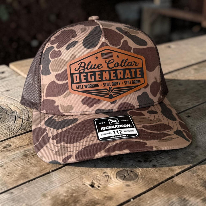 Blue Collar Degenerate Trucker Hat, Funny Snapback Cap, Still Working Still Dirty Still Broke