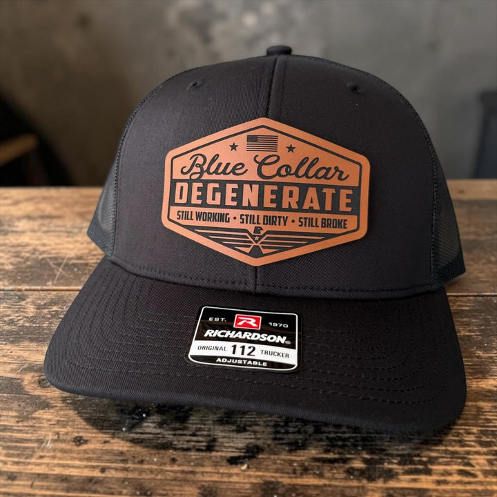 Blue Collar Degenerate Trucker Hat, Funny Snapback Cap, Still Working Still Dirty Still Broke